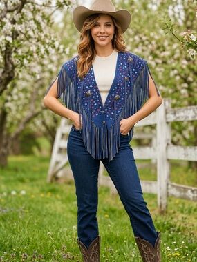 Vintage RARE Chasser Leather Suede Fringe Western American Blue Stars Navajo